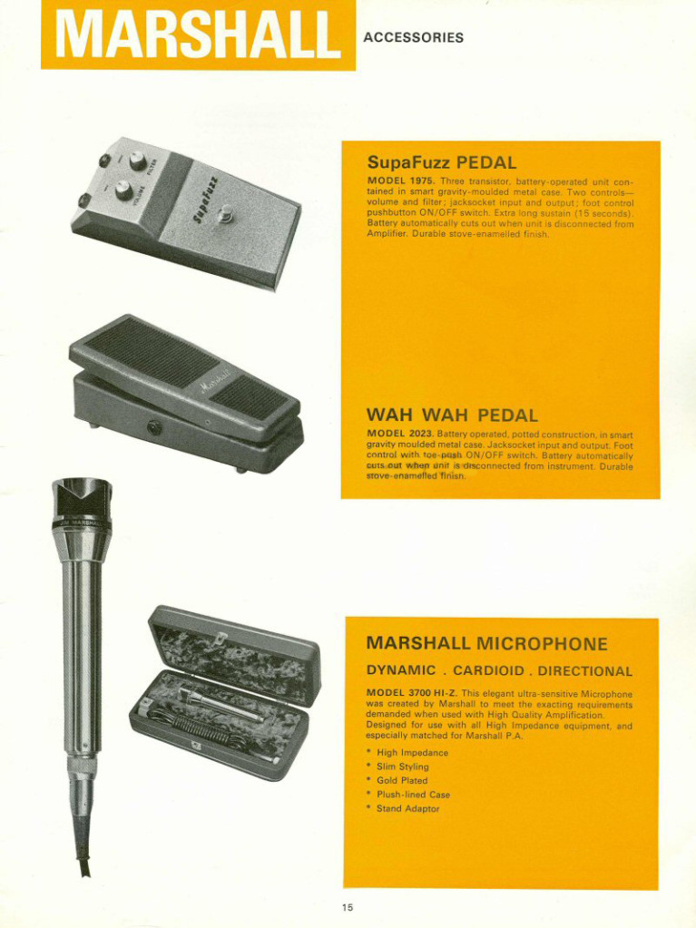 A selection of Marshall pedals, pictured in a 1969 catalogue.
