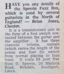 A reader's query about the Sperrin Fuzz Box, printed in Melody Maker, January 29th 1966.