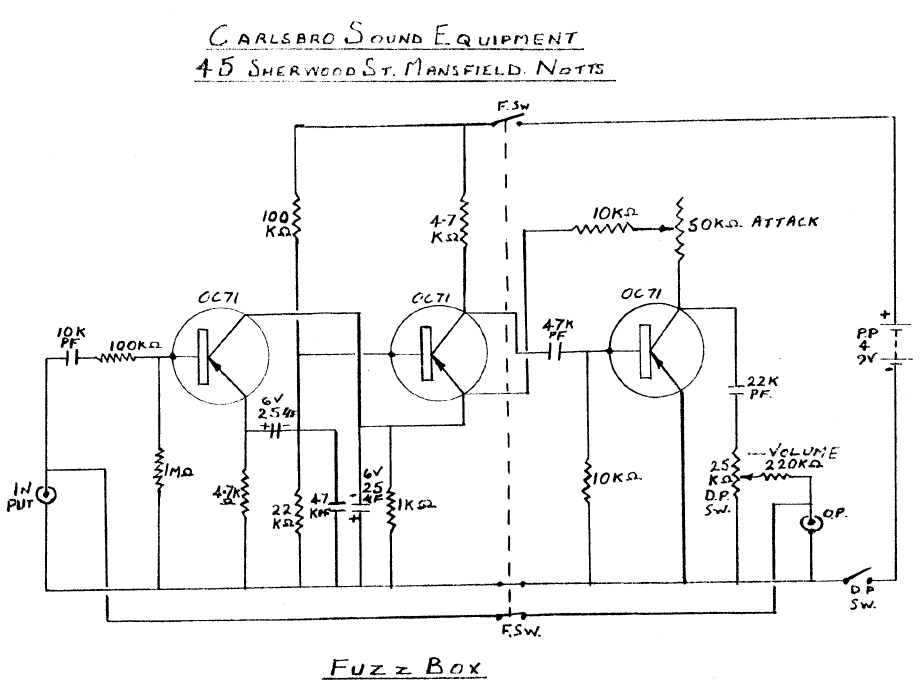 Factory schematic for the Carlsbro Fuzz-Tone