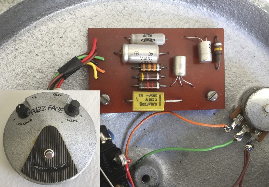 Circuit board of a 1966-1967 Arbiter Fuzz Face, featuring Marcon capacitors
