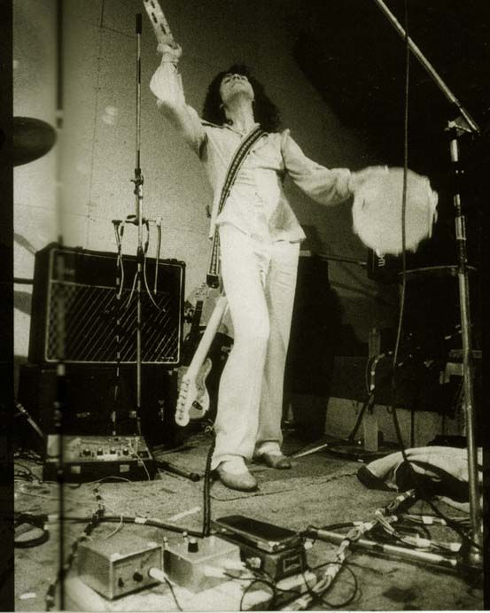 Marc Bolan, of T. Rex, performing with a Hornby Skewes Shatterbox