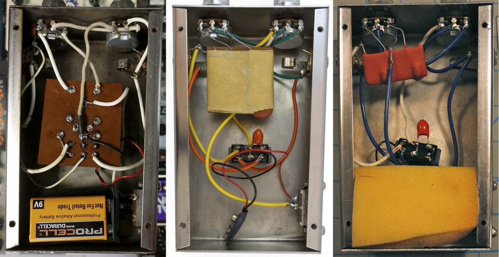 Three different versions of the silicon-transistor Fuzzrite (Photo credit unknown)