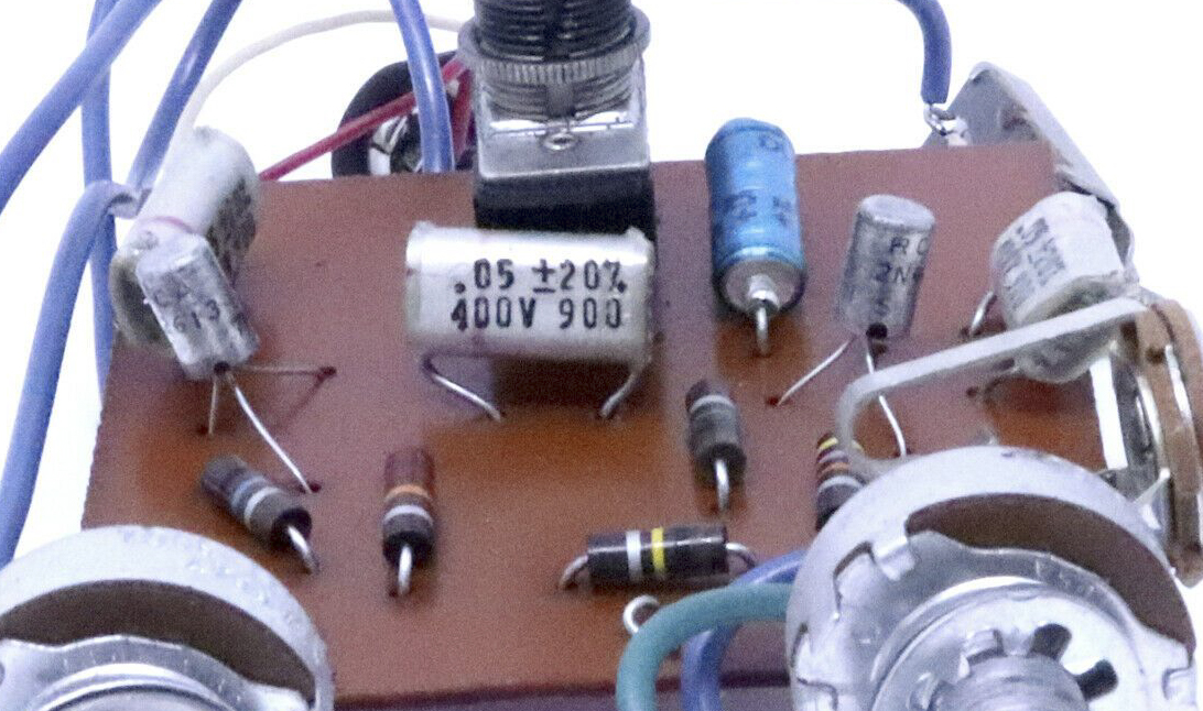 1967 Mosrite Fuzzrite, with polystyrene 50nF capacitors (Photo credit unknown)