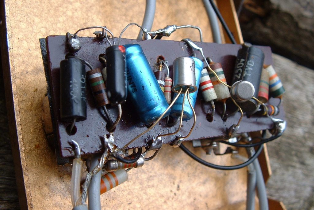 Circuit board inside a Sola Sound Tone Bender MKI