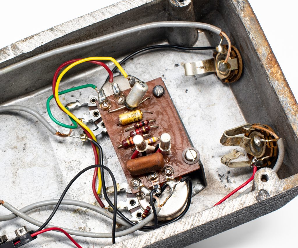 Circuit board inside an Italian-built Vox Tone Bender v828
