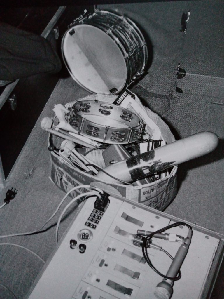 A basket of the Beatles' equipment, including a Sola Sound Tone Bender & WEM Pep Box. (Photo credit unknown)