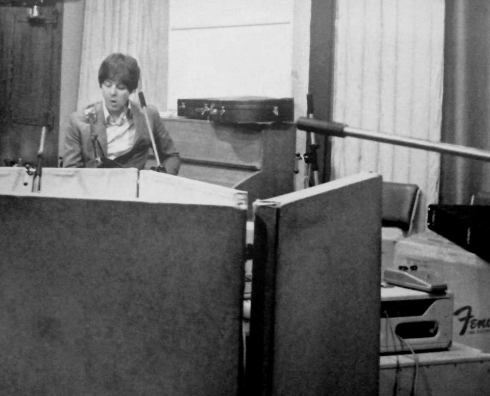 Paul McCartney at EMI Studios on April 26th 1966, with a Sola Sound Tone Bender. (Photo credit: Robert Freeman)