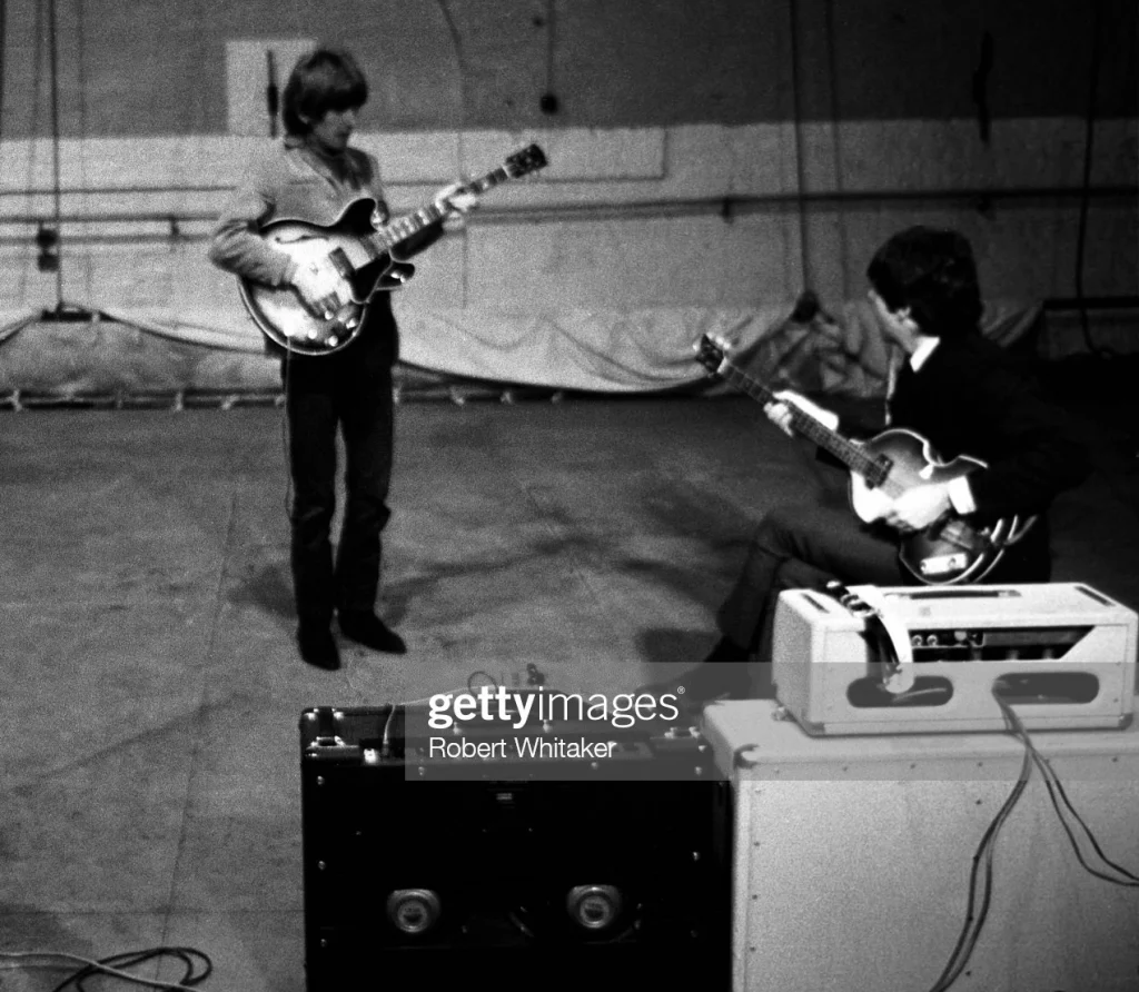 George Harrison rehearsing with a Tone Bender MKI on November 20th 1965. (Photo credit: Robert Whitaker/Getty Images)